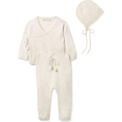 Click for more info about Pointelle Wrap Top, Leggings & Bonnet Set, Snow White