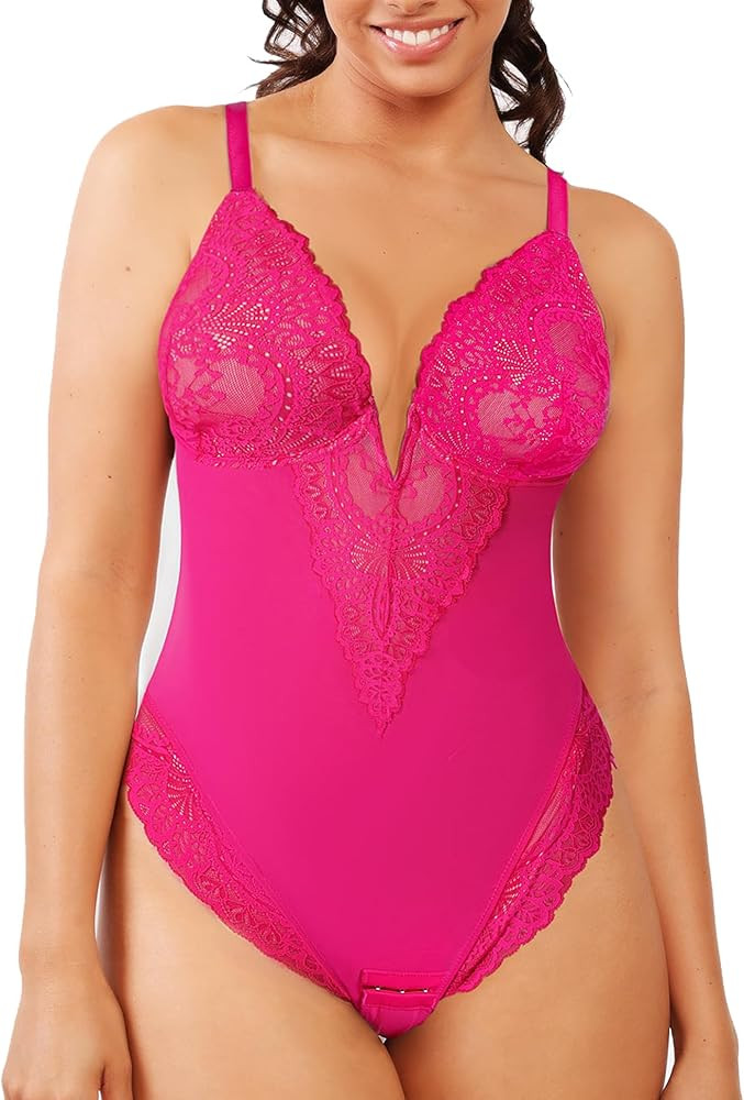 Popilush Shapewear Bodysuit Tummy Control Lace Corset Tops Low Back Shapewear V Neck Thong Bodysu... | Amazon (US)