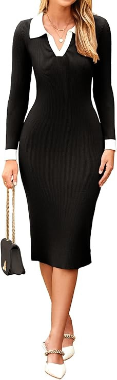Simplee Womens Long Sleeve Sweater Midi Dress V Neck Casual Slim Fit Bodycon Knit Ribbed Slit Lon... | Amazon (US)