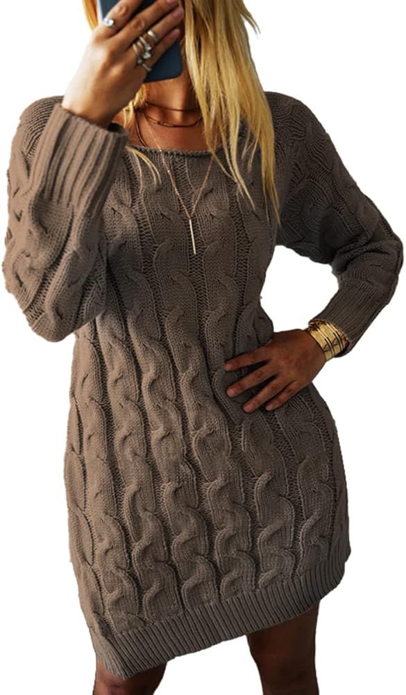Dyexces Women's Slim Cable Knit Sweater Dress Casual Crew Neck Long Sleeve Warm Sweater Pullover ... | Amazon (US)