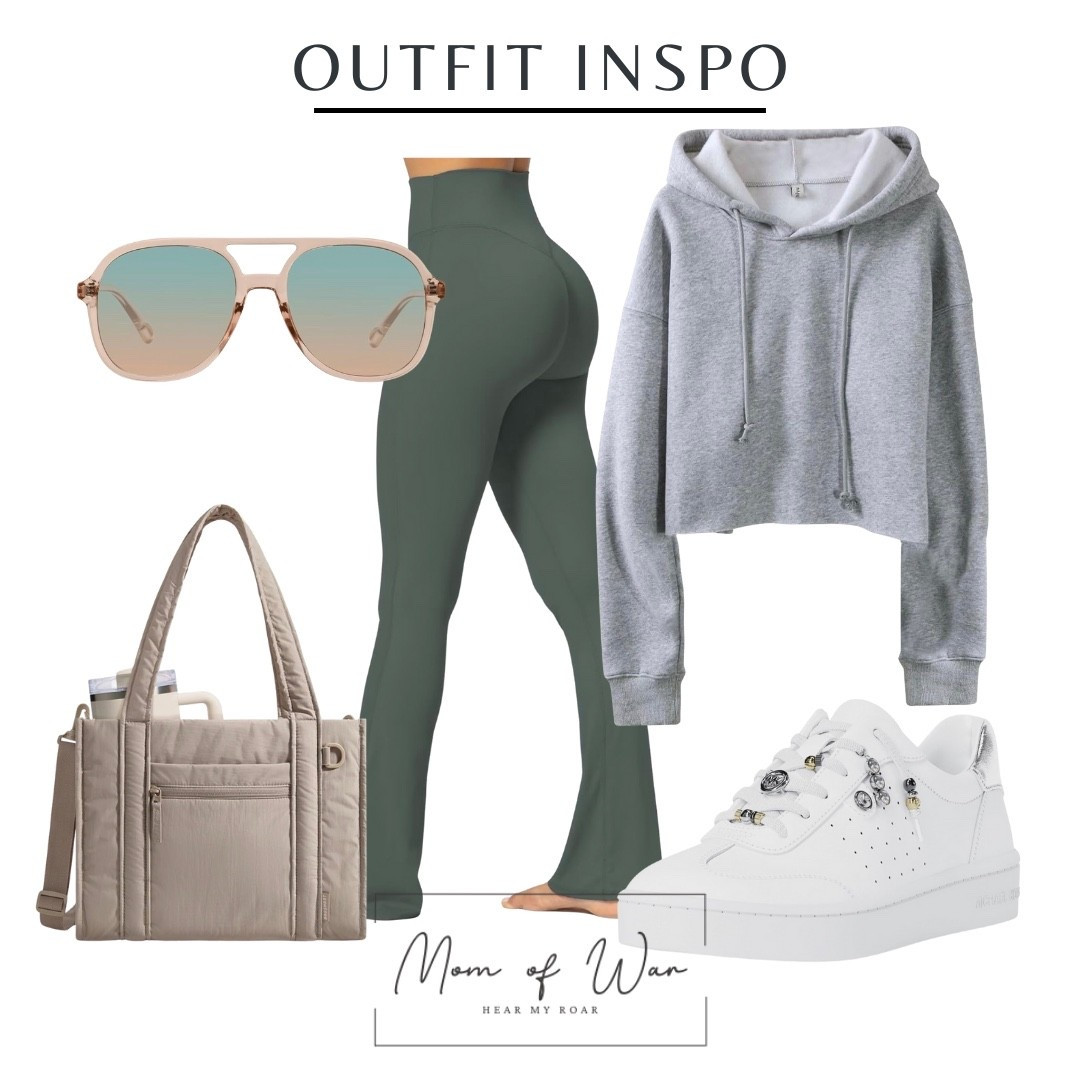 Perfect outfit for running errands: leggings, hoodie, sneakers, aviators, and a crossbody bag. #womensattire