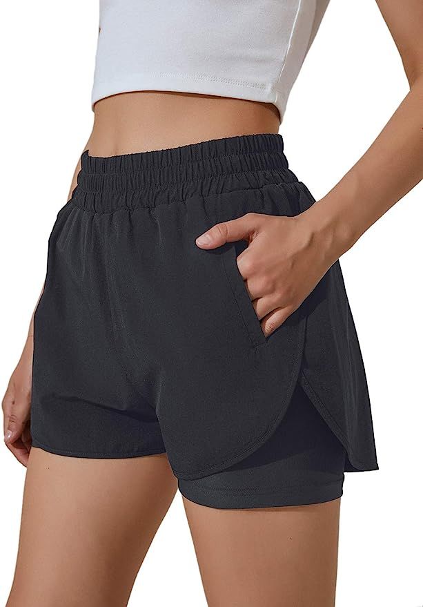 BMJL Women's Running Shorts Elastic Waistband High Waisted Shorts Pocket Sporty Workout Shorts Gy... | Amazon (US)