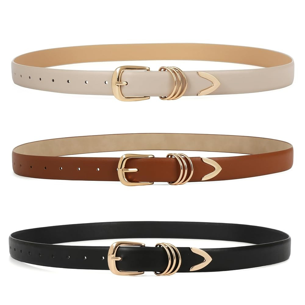 Yaopeing 3 Pack Women Leather Belt for Dresses,Fashion Ladies Skinny Leather Waist Belt with Gold... | Amazon (US)