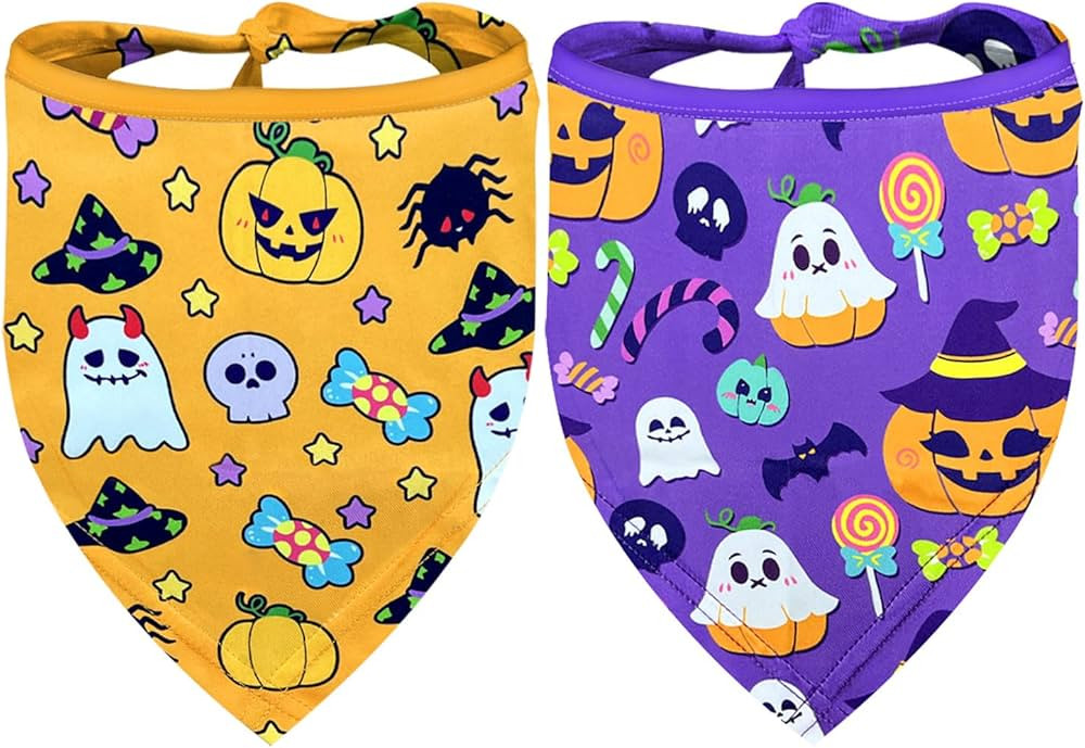 Halloween Dog Bandanas 2 Pack Multiple Adorable Halloween-Themed Patterns, Durable Fabric Hallowe... | Amazon (US)