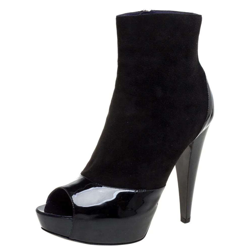 Sergio Rossi Black Suede And Patent Leather Peep Toe Platform Booties | Shop Simon