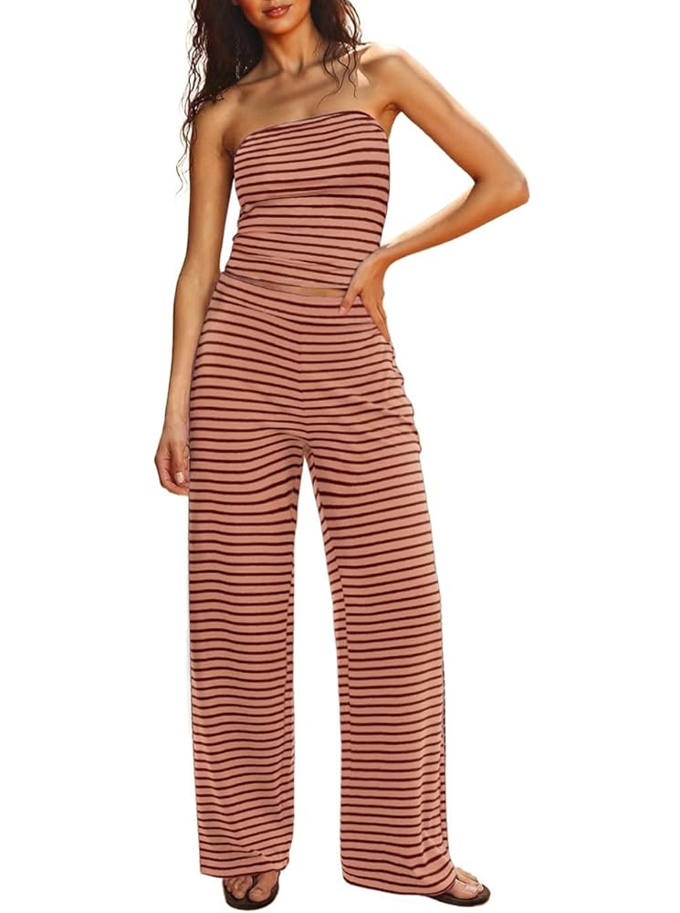 Two Piece Sets For Women Summer Outfits Lounge Sets Striped Tube Top And Pants Matching Sets Beac... | Amazon (US)