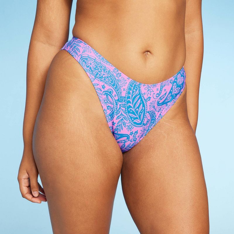 Women's Paisley Print Low-Rise Cheeky High Leg Bikini Bottom - Wild Fable™ Blue/Pink | Target