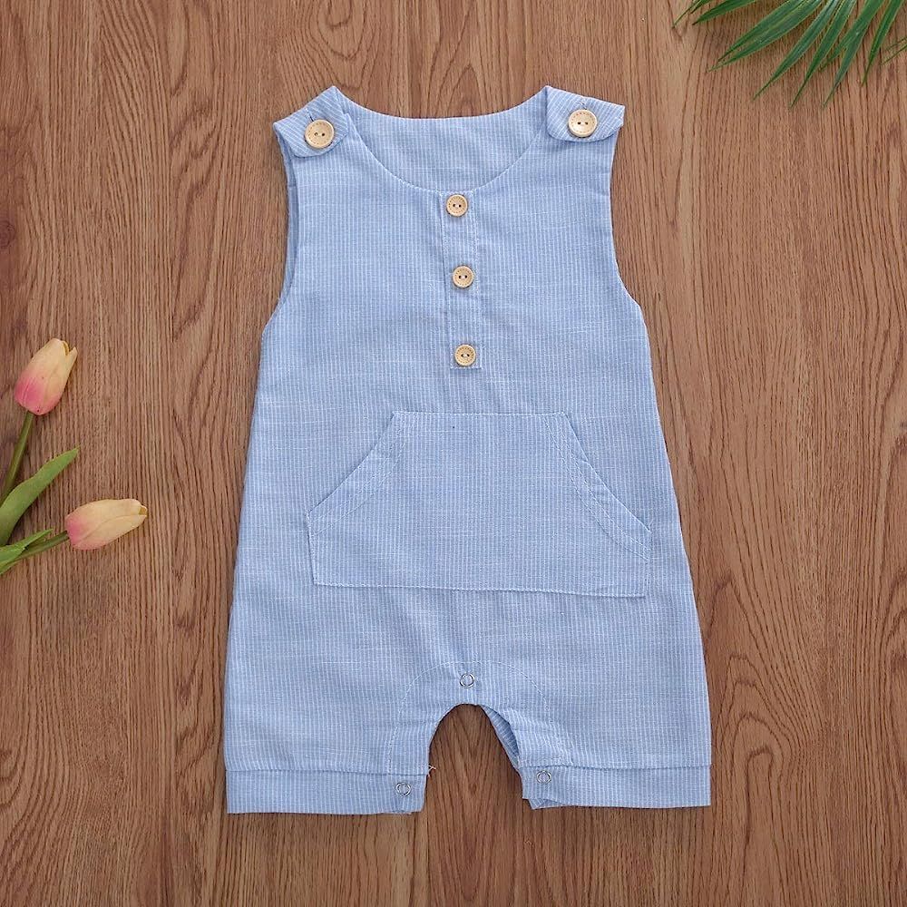 Newborn Infant Baby Boy Sleeveless Romper Striped Button Bodysuit Cotton Linen Jumpsuit One-Piece Ou | Amazon (US)