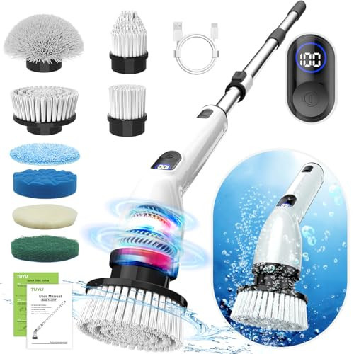 TUYU Electric Spin Scrubber, Full-Body IPX7 Waterproof Bathroom Scrubber with Power LCD Display, 8 Replacement Head, Adjustable Extension Handle, Cordless Shower Cleaner Brush for Bathtub Cleaning | Amazon (US)