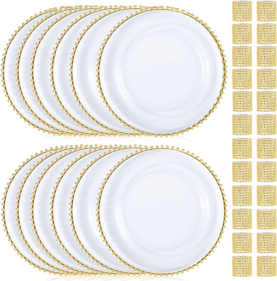 mwellewm Charger Plates Set of 12 and 24 Pack Napkin Rings, Acrylic Gold Beaded Clear 13 Inch Cha... | Amazon (US)