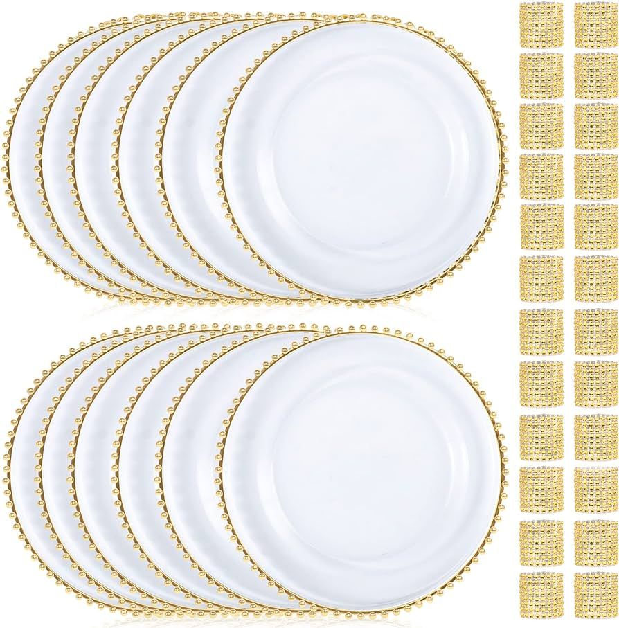 mwellewm Charger Plates Set of 12 and 24 Pack Napkin Rings, Acrylic Gold Beaded Clear 13 Inch Cha... | Amazon (US)