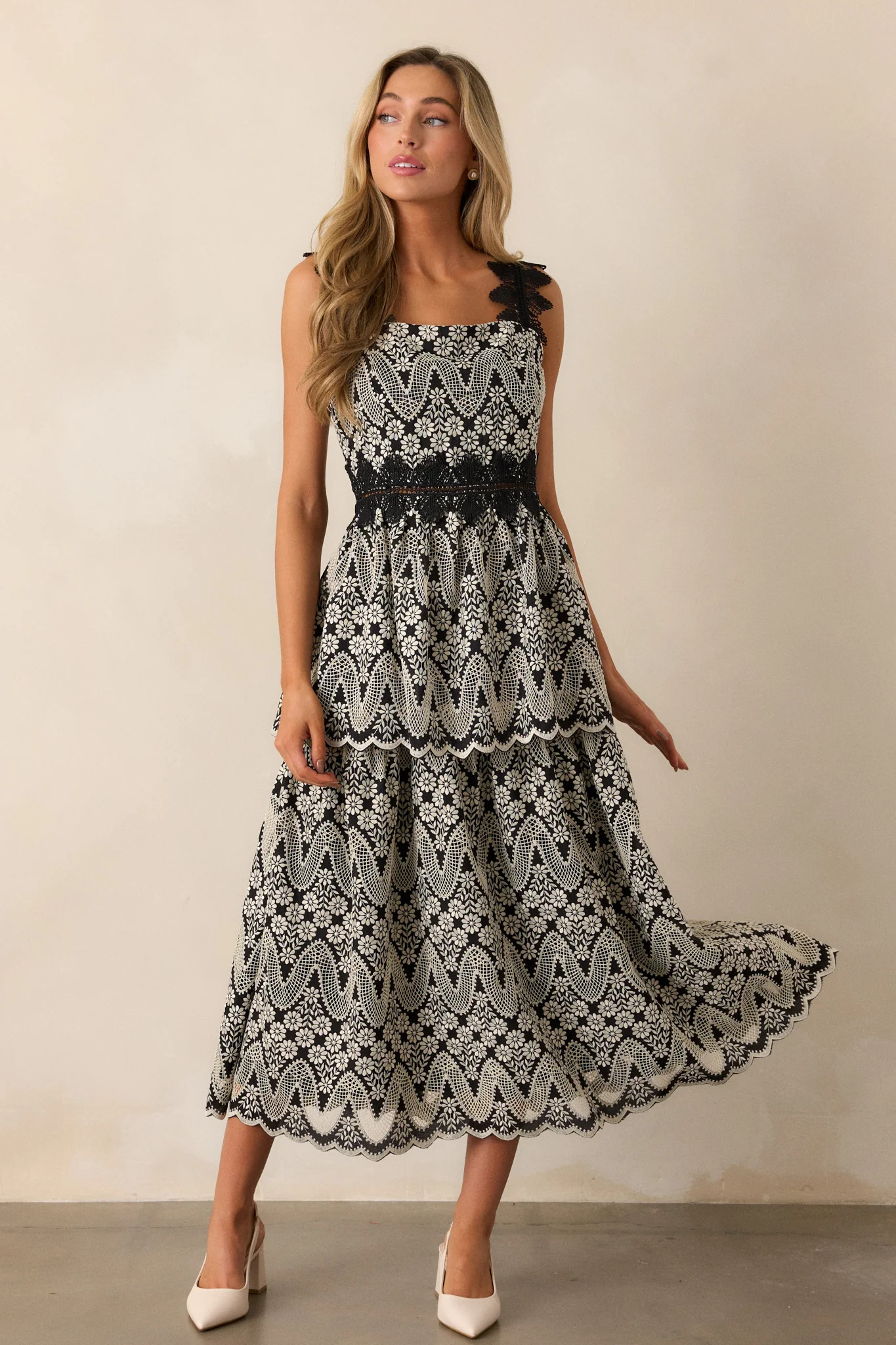 Mysteries Of The Night Black Eyelet Midi Dress | Red Dress