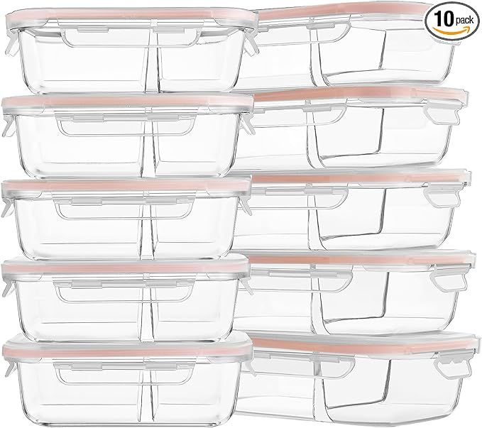 10 Pack Glass Meal Prep Containers 2 Compartment, Glass Food Storage Containers with Lids, Airtig... | Amazon (US)