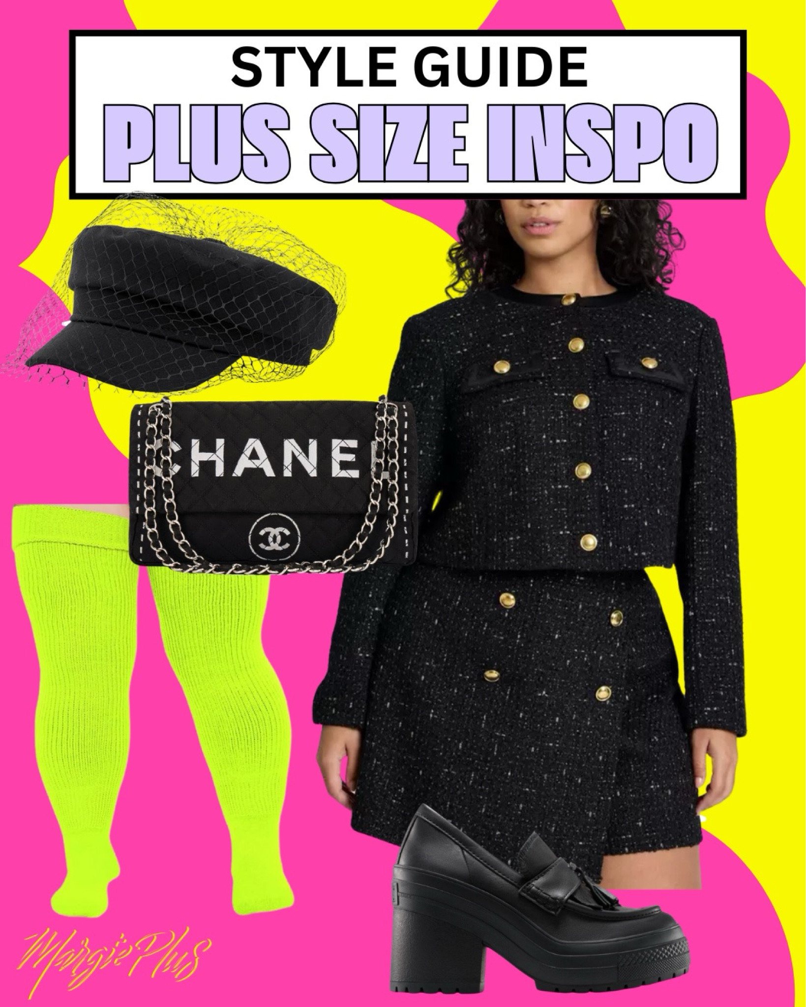 PLUS SIZE Style Inspo serving a classic Chanel inspired tweed set w/ a super cute hat with mesh added and neon thigh highs to jazz it up! 

#LTKStyleTip #LTKPlusSize