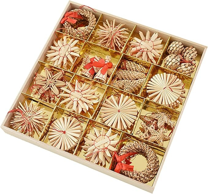 56Pcs Christmas Straw Star Ornaments Wheat Straw Handmade Woven Pendants Christmas Tree Hanging D... | Amazon (US)