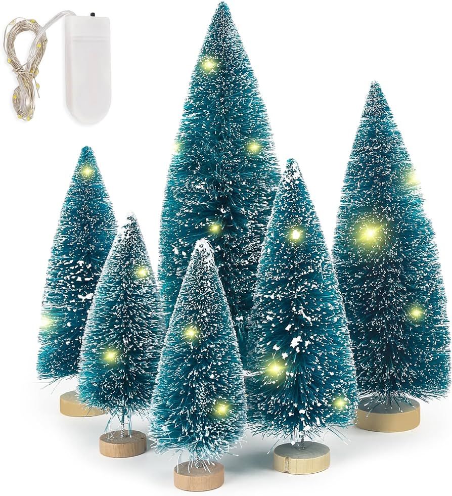 HAKACC 6PCS Mini Christmas Trees, Snowed Sisal Trees Light Up Bottle Brush Trees with String Ligh... | Amazon (US)