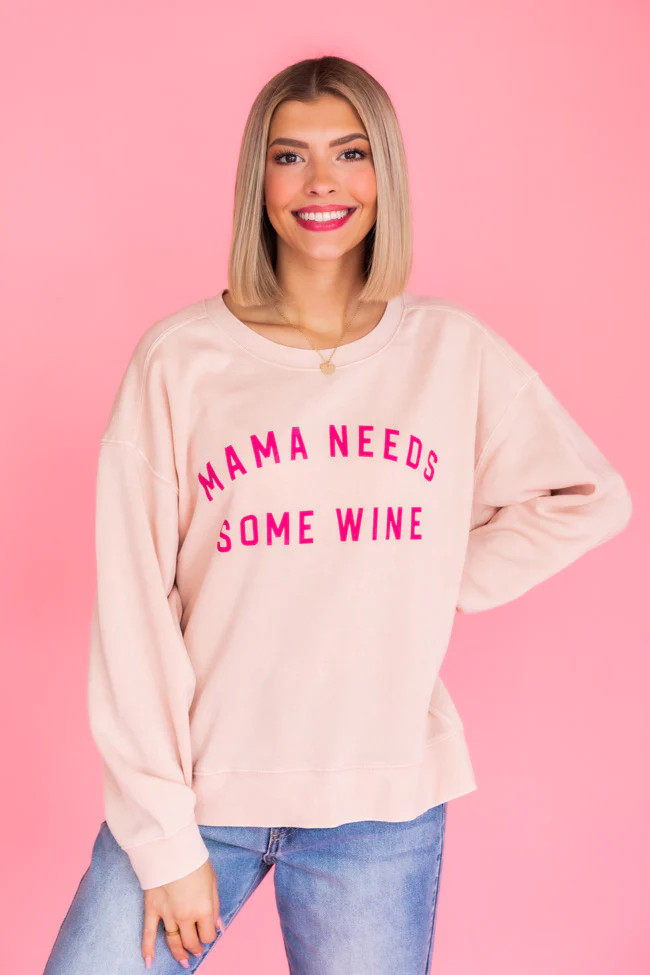 Mama Needs Some Wine Pale Pink Graphic Sweatshirt | The Pink Lily Boutique