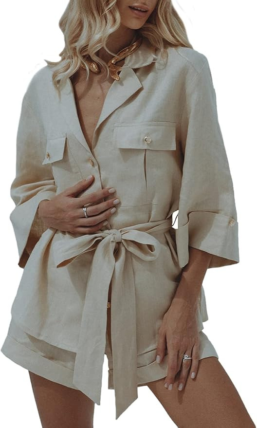 Linsery 2 Piece Linen Outfits Button Shirt Top and Mini Shorts Summer Sweatsuit Set | Amazon (US)