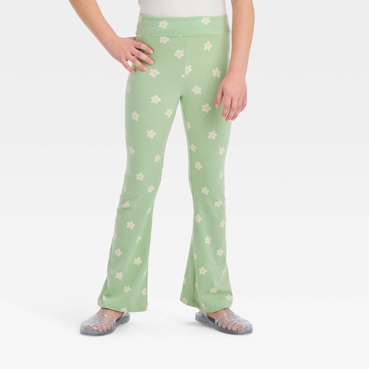 Girls' 'Floral' Flare Leggings - Cat & Jack™ Light Green Olive | Target