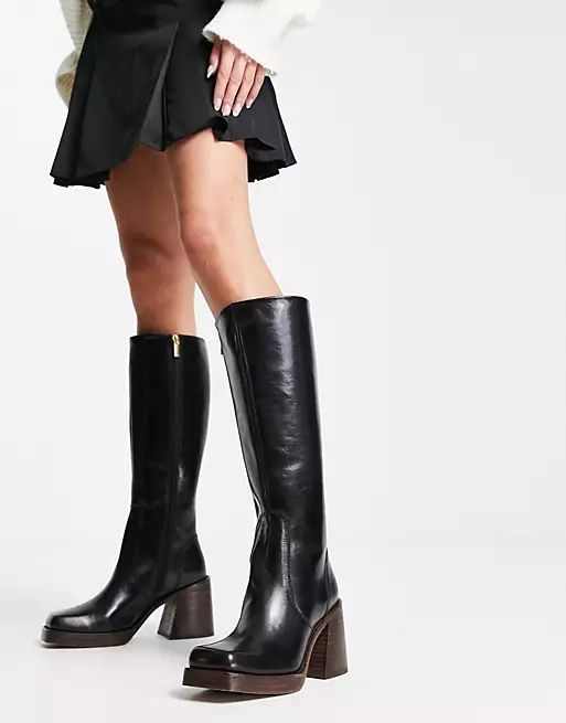 ASOS DESIGN Wide Fit Cracking leather mid-heel knee boots in black | ASOS (Global)