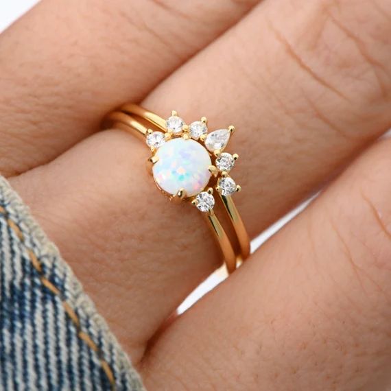 Opal Stacking Ring Set Dainty Opal Ring White Opal and CZ - Etsy | Etsy (US)