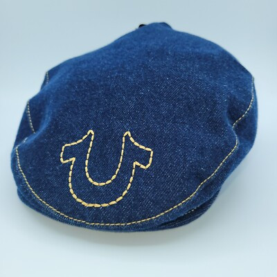 True Religion Hat Dark Denim Newsboy Cap Horseshoe Outline Logo Buddha Blue Gold | eBay US