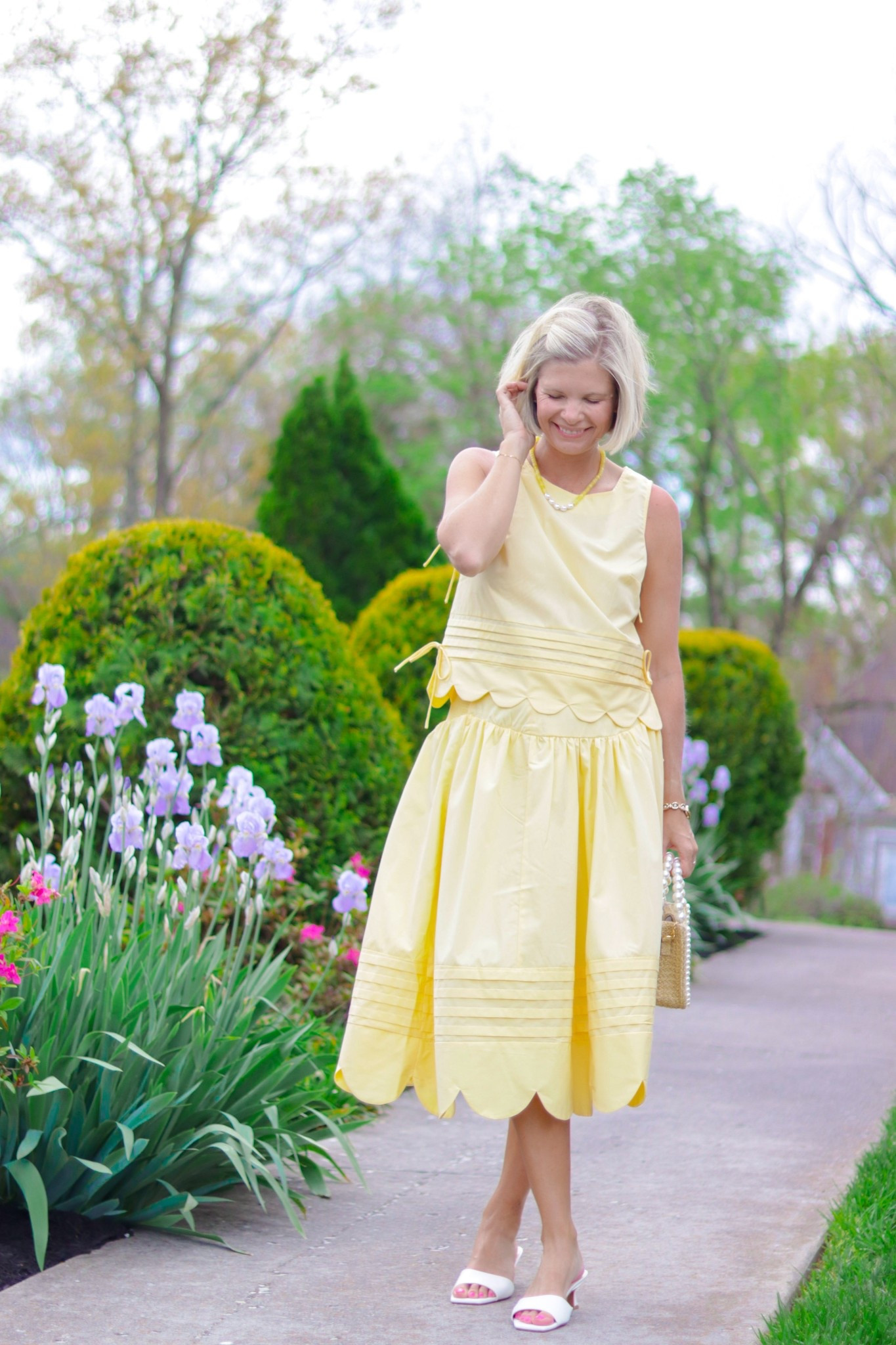Yellow scalloped top with ties TTS (wearing size small)
Yellow poplin midi skirt TTS (wearing a medium but need a small)

#LTKOver40 #LTKMidsize #LTKWorkwear
