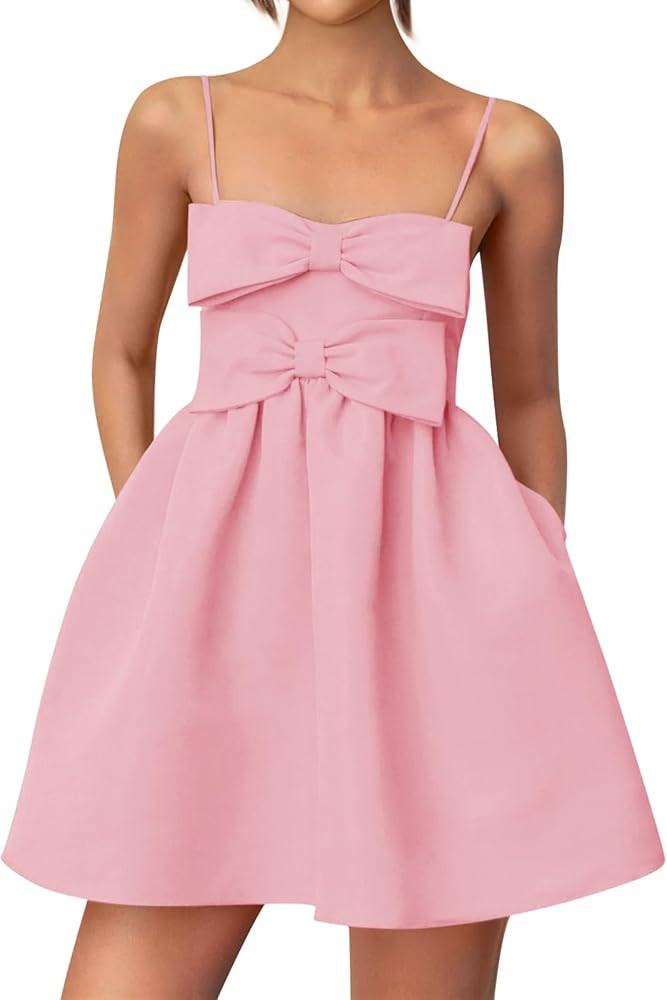 Yousify Womens Cute mini Bow Dresses Spaghetti Strap Elegant Babydoll A Line Short Cocktail Party... | Amazon (US)
