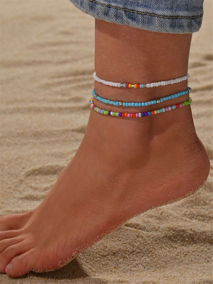 3pcs Color Block Beaded Anklet | SHEIN