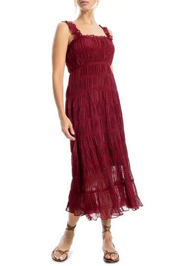 MAX STUDIO Ruffle Shirred Georgette Midi Dress in Cabernet at Nordstrom Rack, Size Small | Nordstrom Rack