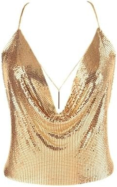 Gold Sexy Tops for Women Sparkly Deep V Neck Crop Tank Tops Cami Body Chain Top | Amazon (US)