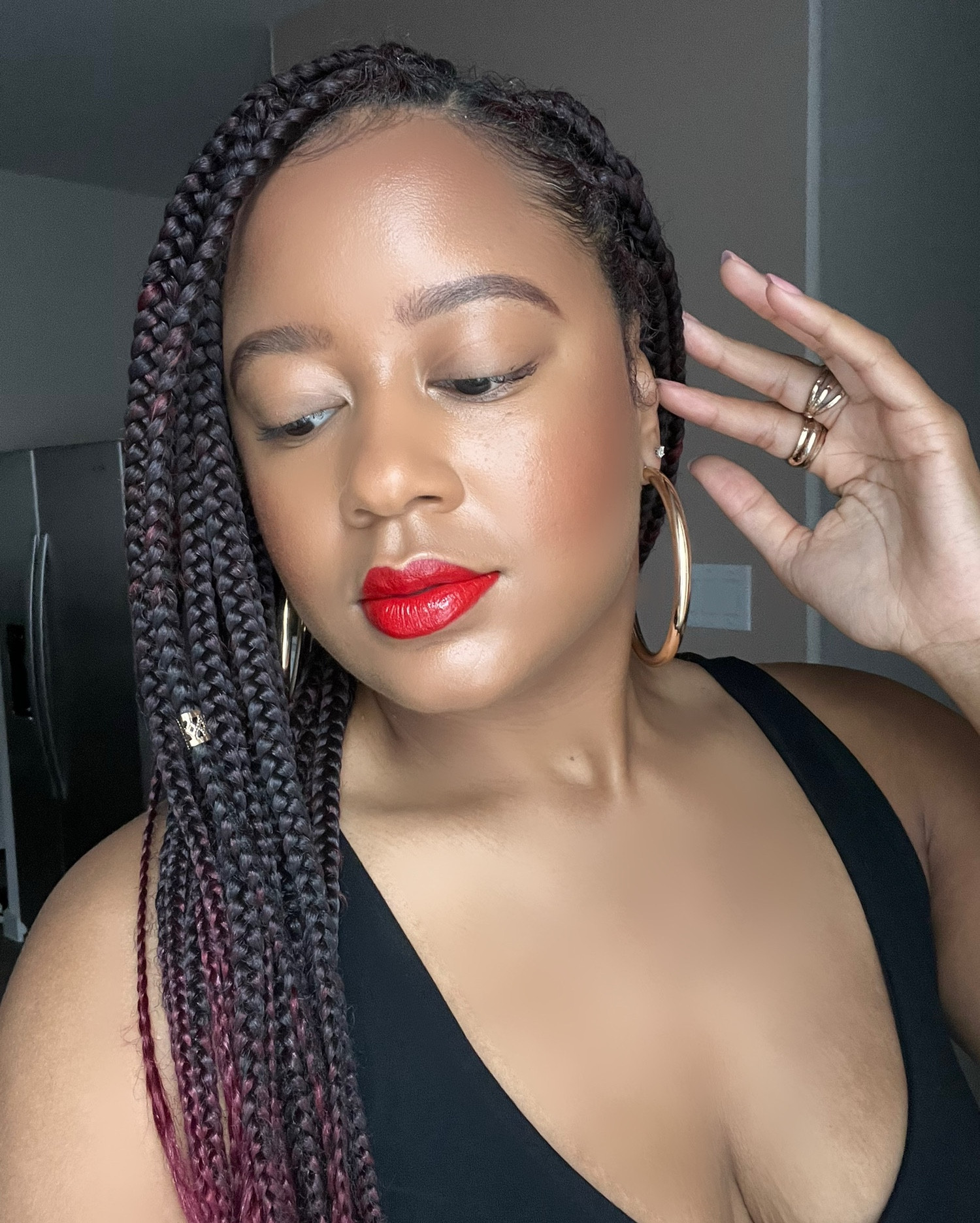 Light, natural makeup look. 
Red lip- GXVE by Gwen Stefani in the color Loara. Similar options tagged. 

#LTKBeauty