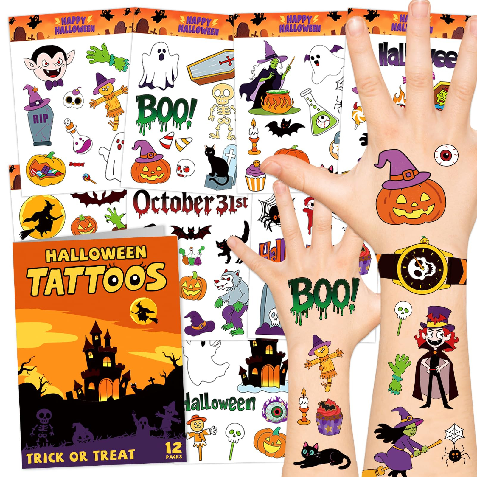 Leesgel Halloween Decorations, Temporary Tattoos for Kids-12 Sheets, Fake Tattoo Stickers with Pumpkin/Ghost Perfect for Trick or Treat Party Favors, Halloween Costume Accessories, Goodie Bag Stuffers | Amazon (US)