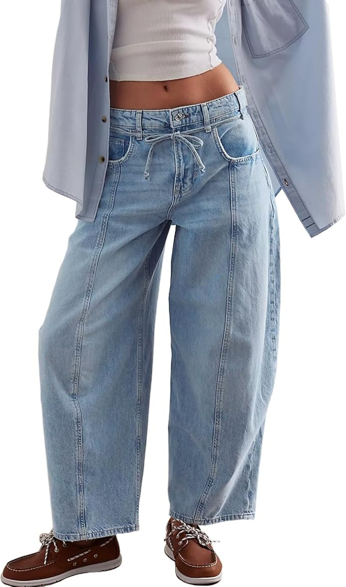 LifeShe Wide Leg Jeans Woman Mid Rise Baggy Jeans Loose Boyfriend Barrel Denim Pants with Drawstr... | Amazon (US)