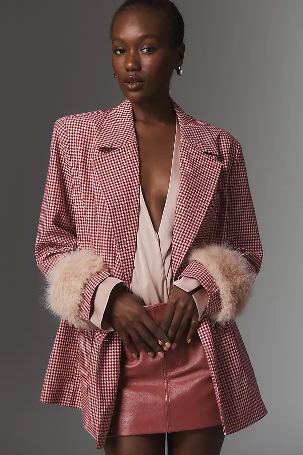 Houndstooth Faux Fur-Cuff Blazer Jacket | Anthropologie (US)
