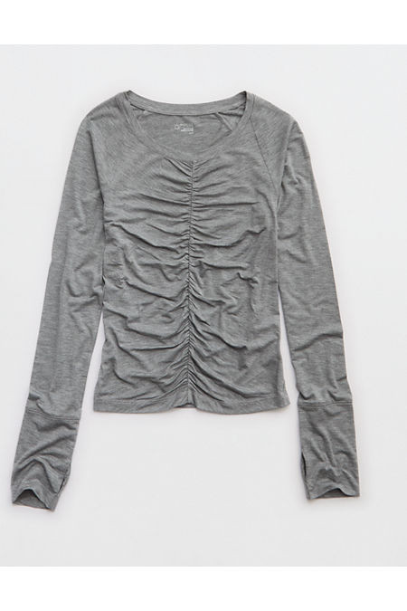 OFFLINE By Aerie Thumbs Up Ruched Long Sleeve T-Shirt Women's Dark Heather Gray XXS | Aerie
