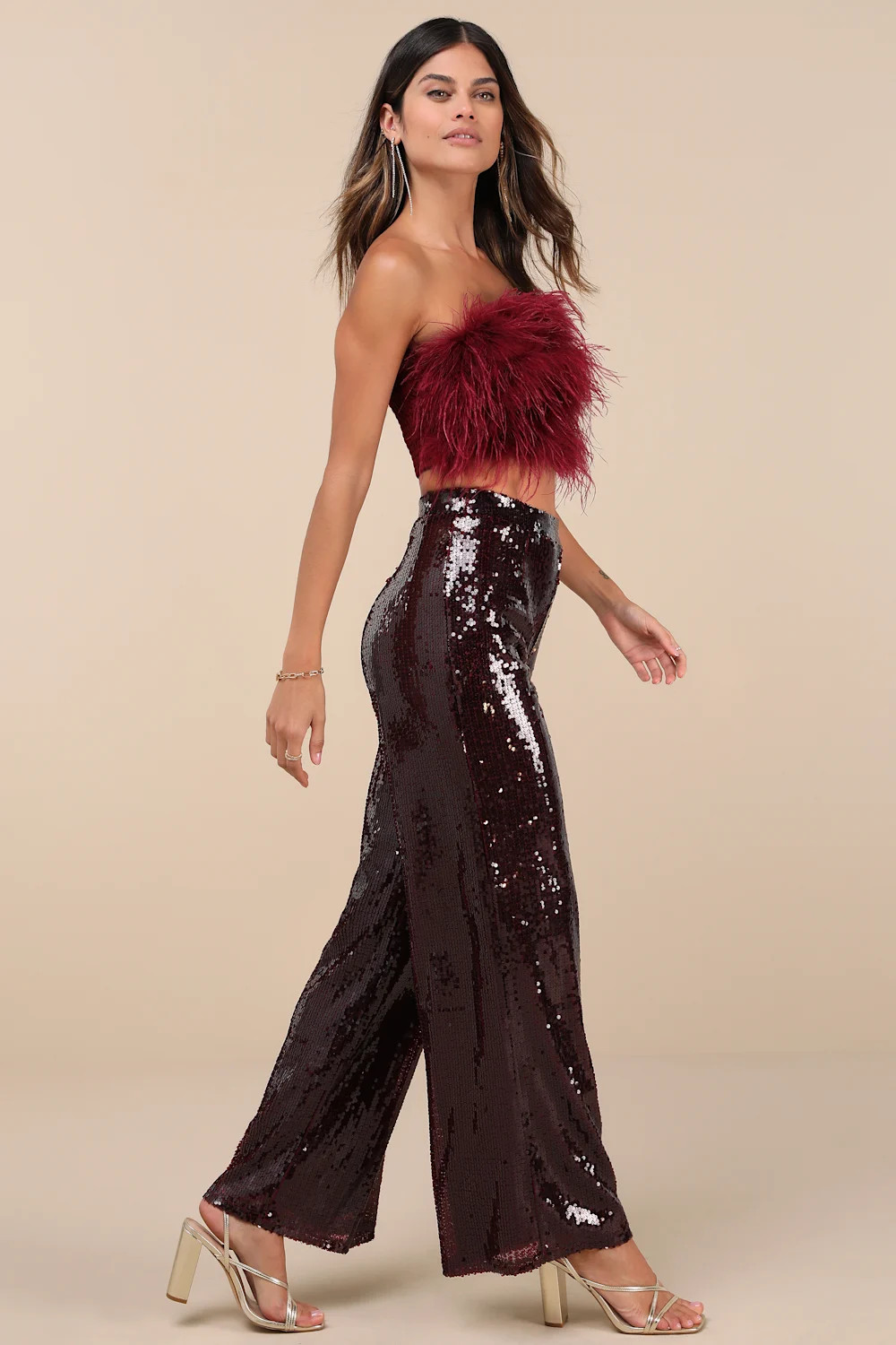 Celebrity Shine Burgundy Feather Sequin Two-Piece Jumpsuit | Lulus