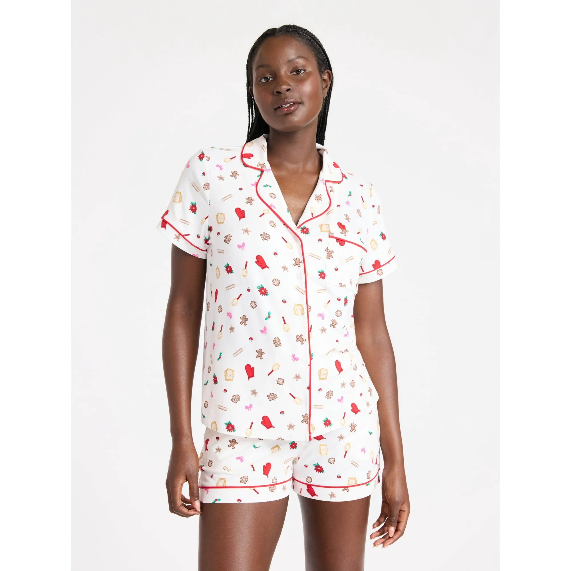 Joyspun Women’s Dreamy Soft Collection Notch Collar Knit Top and Boxer Shorts Pajama Set, Sizes... | Walmart (US)