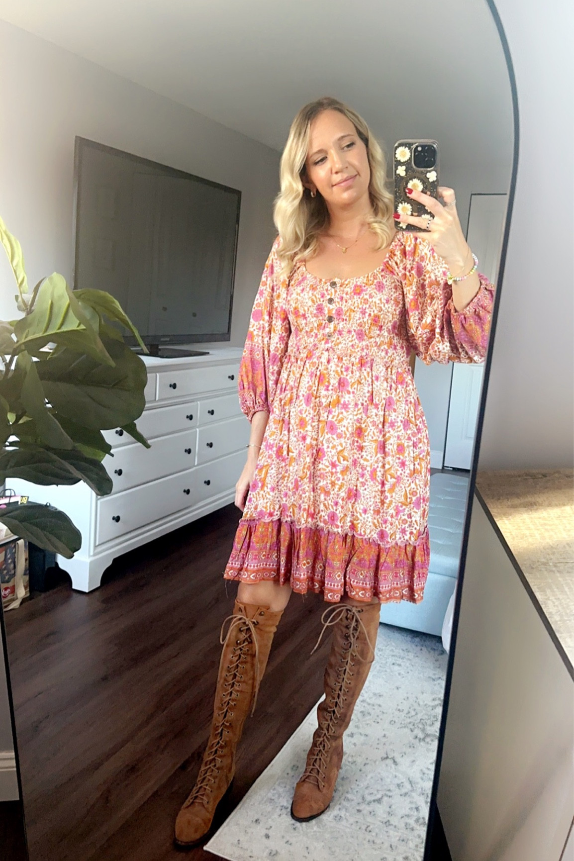 Maternity fall dress 🩷🧡

6 months 
Fall dress
Bridal shower guest
Baby shower guest
Fall outing 
Apple picking outfit 
Pink blush 
Maternity 
Maternity dress 
Bump friendly 
On sale now 
Free people
Jeffrey Campbell boots 

#LTKbaby #LTKbump #LTKSeasonal