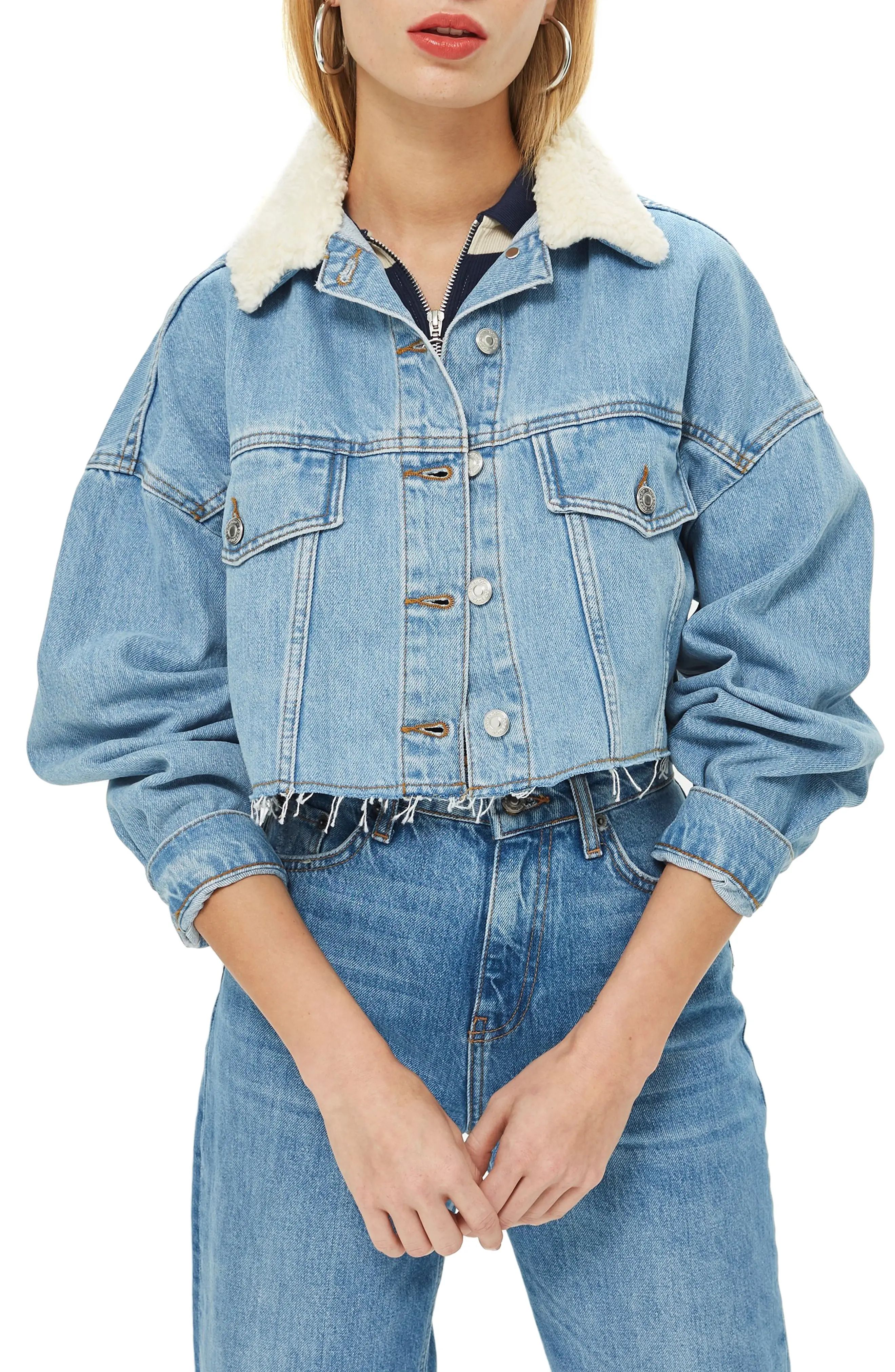 Topshop Borg Faux Fur Collar Hacked Denim Jacket | Nordstrom