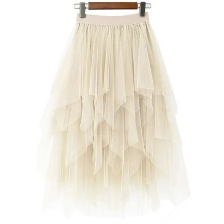 LBKKC Women's Tulle Skirt Beige Formal High Low Asymmetrical Midi Tea-Length Elastic Waist Tutu Skirts | Walmart (US)