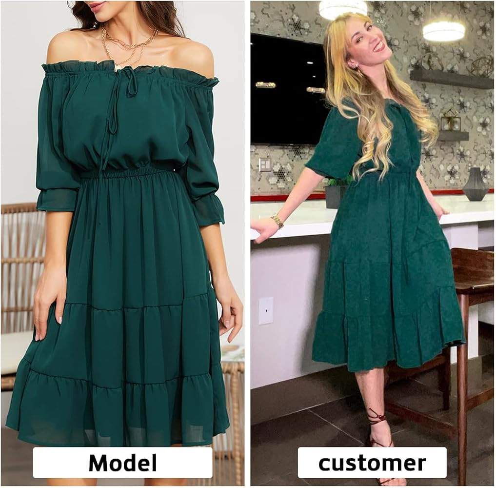 EXLURA Women’s Off Shoulder Long Dress Puff 3/4 Sleeve Tiered Tie Front Frill Hem Flowy Midi Dress S | Amazon (US)