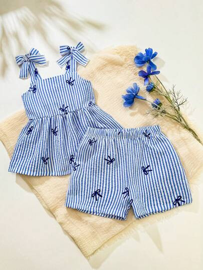 SHEIN 2pcs/Set Baby/Toddler Girls' Casual Daily Cute Stripe Bow Decor Camisole Top + Shorts Set, Spring & Summer | SHEIN