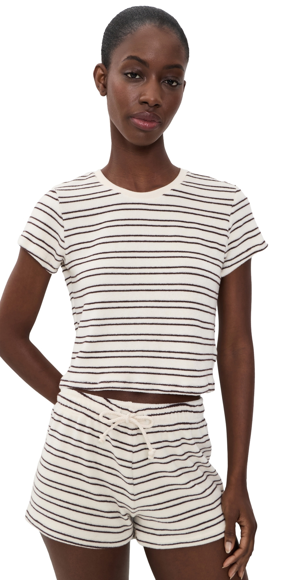 perfectwhitetee Eve Loop Terry Stripe Short Sleeve Shirt Natural/Chocolate Stripe XS | Shopbop