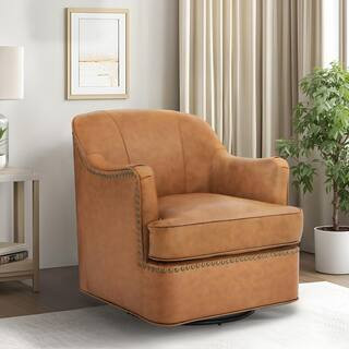 cozyman Fazio Whiskey Brown Genuine Leather Curved Back Swivel Accent Arm Chair with Nailhead Tri... | The Home Depot