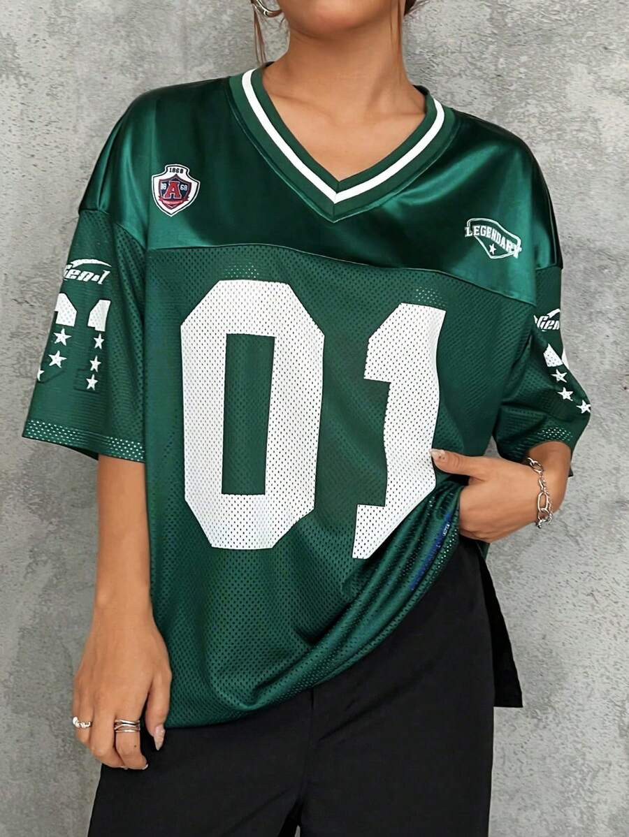 SHEIN EZwear Plus Size Women's Summer To Early Autumn Casual Sports Inspired Jersey T-Shirt, With... | SHEIN