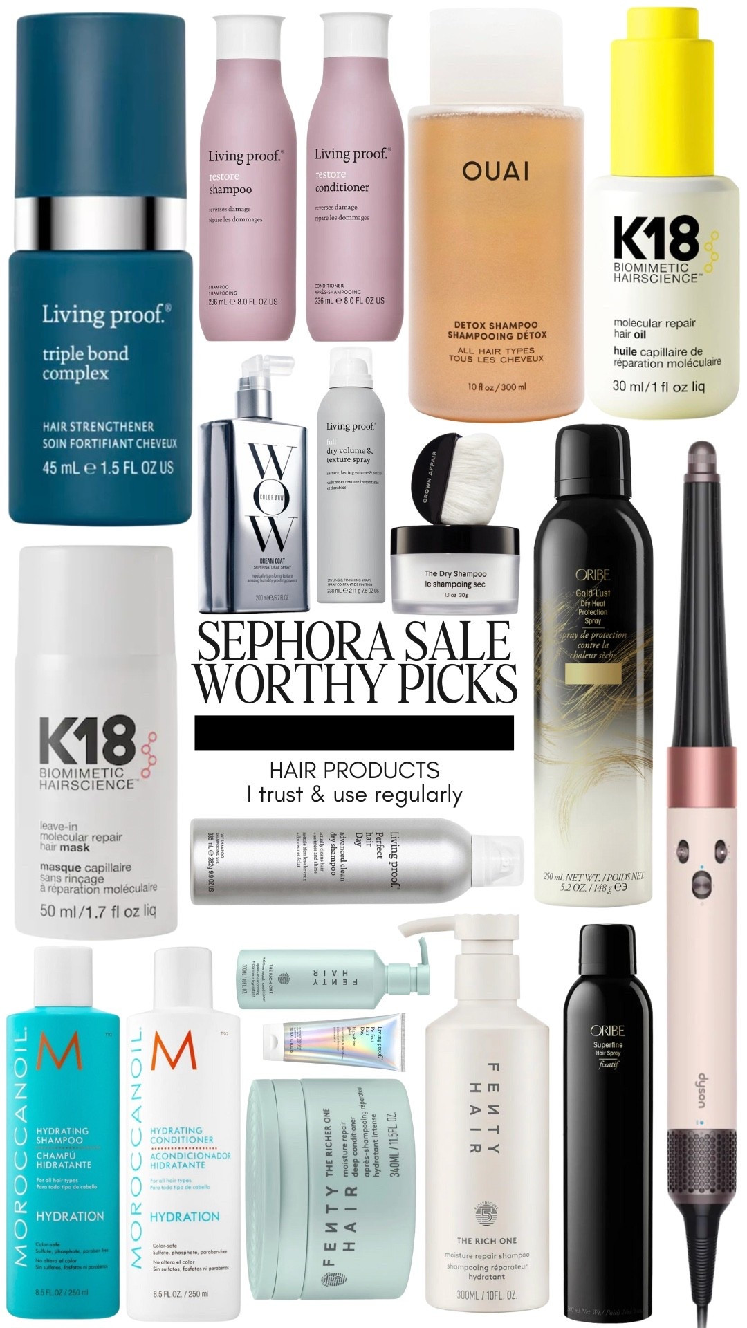 SEPHORA SALE WORTHY INVESTMENTS: HAIR STYLING PRODUCTS FOR FINE & BLEACHED HAIR

These products are my most trusted to use on my color treated m, bleached hair and have kept my hair healthy after being bleached for almost 7 years.

The K18 hair mask is crucial for anyone with color treated hair as it actually repairs your hair on a molecular level due to damage from coloring.

I also swear by Fenty, beauty for hydrating products and living proof for repair product products. Their hair gloss was a new discovery this year: my hair is insanely shiny, and it lasts for over a week with just one use.

The Oribe Superfine hairspray is worth the splurge, it’s truly fine yet packs a punch and keeping your hairstyle in line. It helps my Dyson curls last days, even on fine hair.

Shampoo, conditioner, hair, mask, hairspray styling tools, hair oil, leave in treatment

#LTKSaleAlert #LTKFindsUnder100 #LTKBeauty