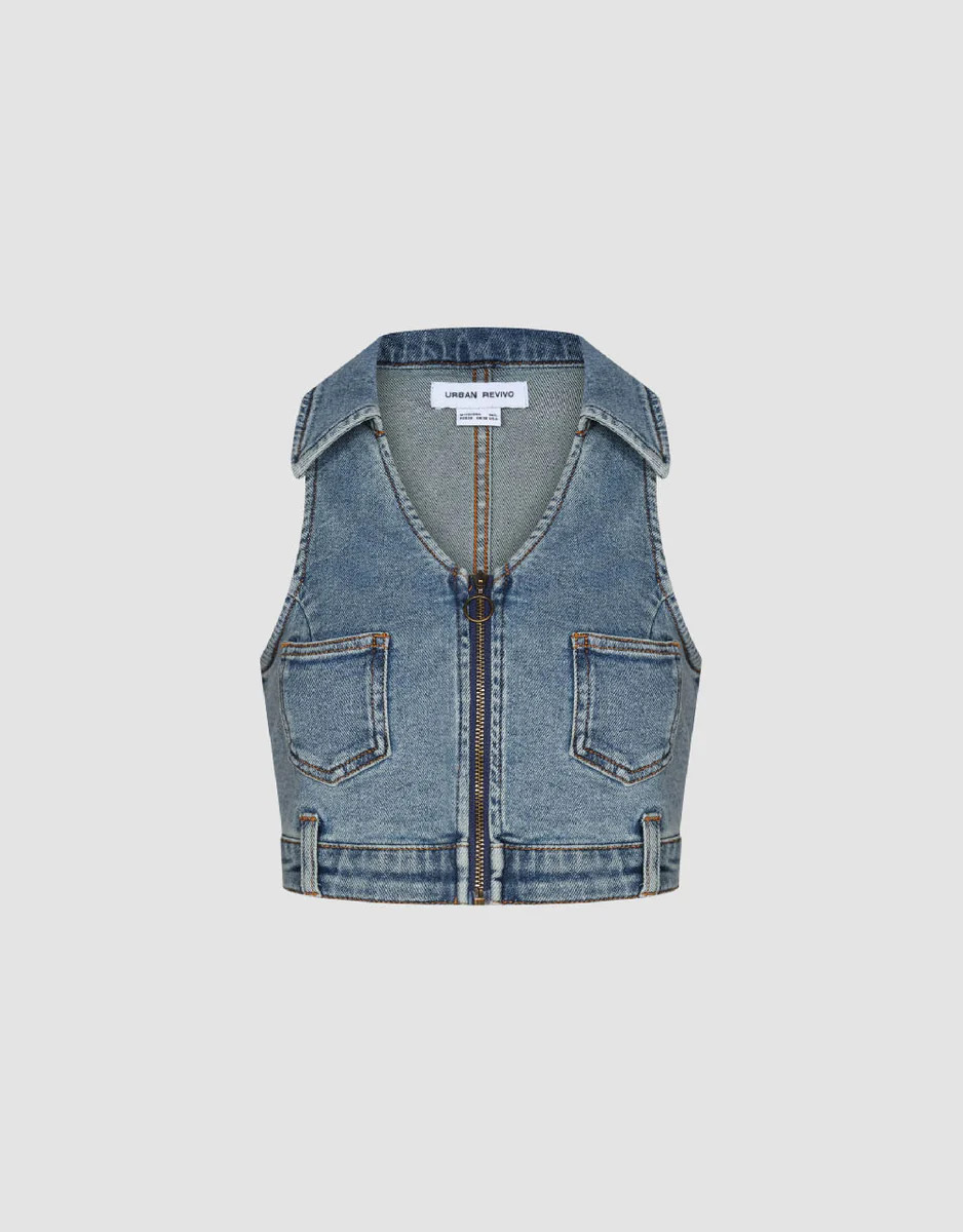 Zipper Front Lapel Denim Waistcoat | Urban Revivo