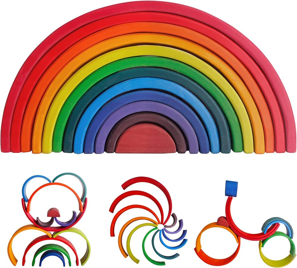SHIERDU Wooden Rainbow Stacking Toy, 12-Piece Wooden Building Block Set, Wooden Building Block Ne... | Amazon (US)