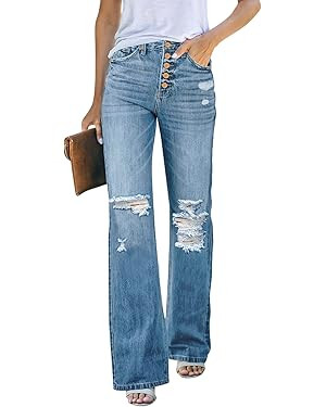 LookbookStore High Waisted Ripped Flare Jeans for Women Distressed Bell Bottom Jeans Wide Leg Pan... | Amazon (US)